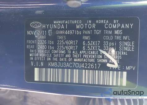 2012 Hyundai Tucson Gls z USA, uszkodzony, nr VIN KM8JU3AC7CU422617